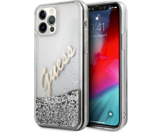 Guess GUHCP12LGLVSSI Glitter Vintage Script Hardcase Aizsargapvalks priekš iPhone 12 Pro Max 6,7" / sudraba Neoriģinālie Maciņi