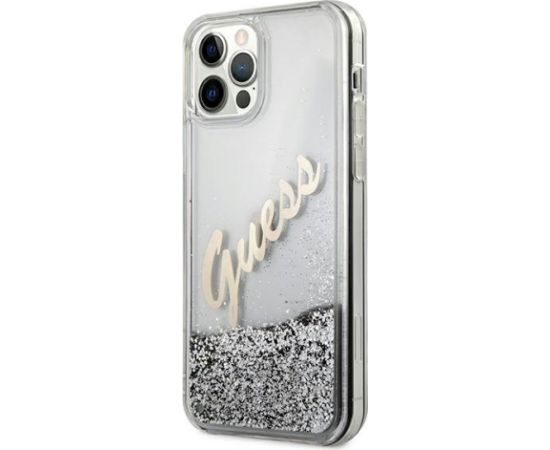 Guess GUHCP12LGLVSSI Glitter Vintage Script Hardcase Aizsargapvalks priekš iPhone 12 Pro Max 6,7" / sudraba Neoriģinālie Maciņi