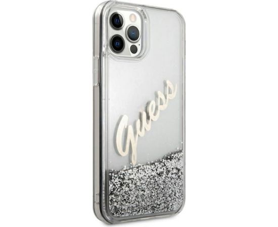 Guess GUHCP12LGLVSSI Glitter Vintage Script Hardcase Aizsargapvalks priekš iPhone 12 Pro Max 6,7" / sudraba Neoriģinālie Maciņi