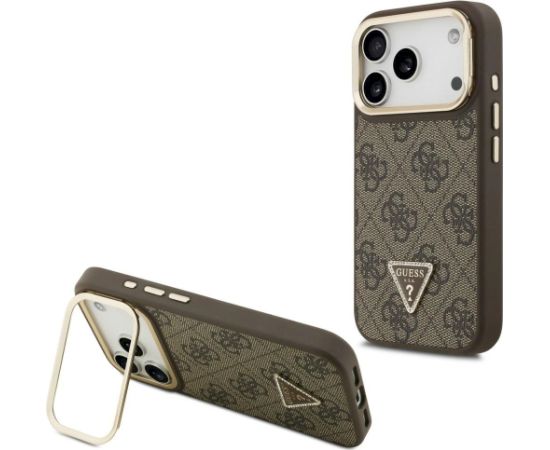 Guess 4G PU Triangle Logo & Stand Camera Magsafe Case Aizsargapvalks priekš iPhone 17 Pro / brūns Neoriģinālie Maciņi