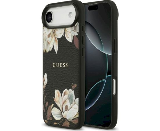 Guess Grained Flowers Classic Logo MagSafe Aizsargapvalks priekš iPhone Air / melns Neoriģinālie Maciņi