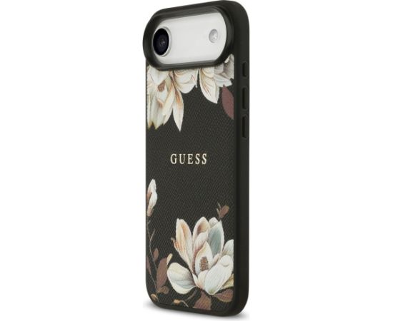 Guess Grained Flowers Classic Logo MagSafe Aizsargapvalks priekš iPhone Air / melns Neoriģinālie Maciņi