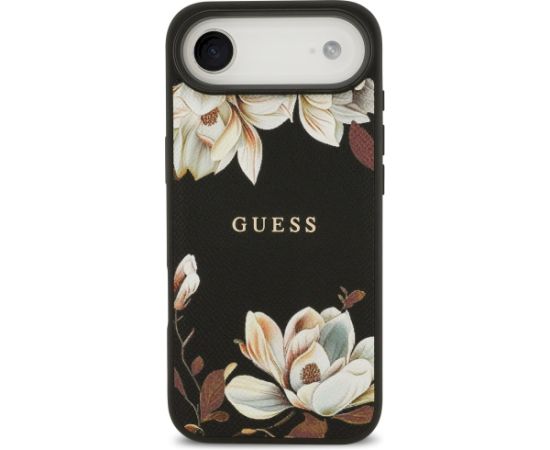 Guess Grained Flowers Classic Logo MagSafe Aizsargapvalks priekš iPhone Air / melns Neoriģinālie Maciņi