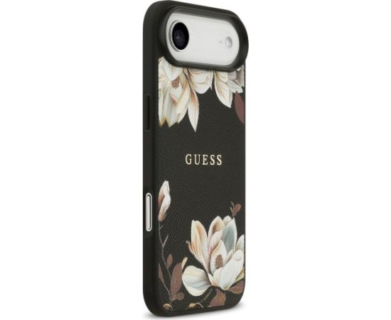 Guess Grained Flowers Classic Logo MagSafe Aizsargapvalks priekš iPhone Air / melns Neoriģinālie Maciņi