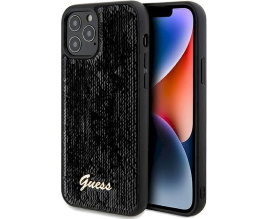 Guess GUHCP12MPSFDGSK Sequin Script Metal Aizsargapvalks priekš iPhone 12/12 Pro 6.1" / melns Neoriģinālie Maciņi