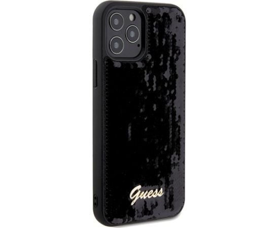 Guess GUHCP12MPSFDGSK Sequin Script Metal Aizsargapvalks priekš iPhone 12/12 Pro 6.1" / melns Neoriģinālie Maciņi