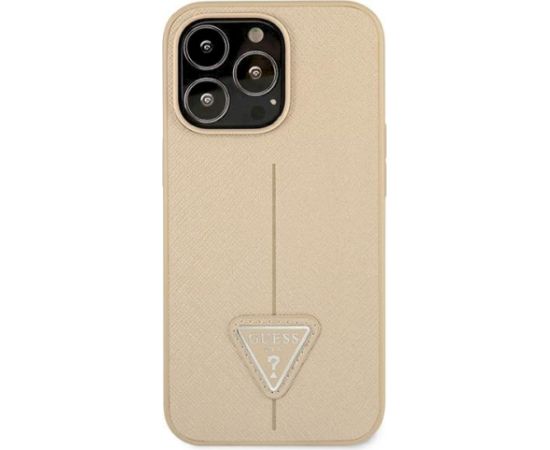 Guess GUHCP13LPSATLE Saffiano Triangle Logo Aizsargapvalks priekš iPhone 13 Pro / 13 6,1" / bēšs Neoriģinālie Maciņi