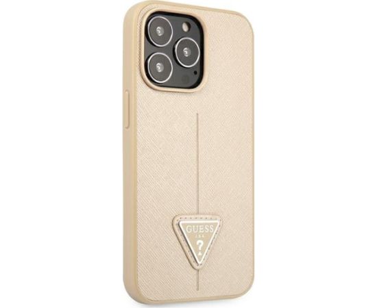 Guess GUHCP13LPSATLE Saffiano Triangle Logo Aizsargapvalks priekš iPhone 13 Pro / 13 6,1" / bēšs Neoriģinālie Maciņi