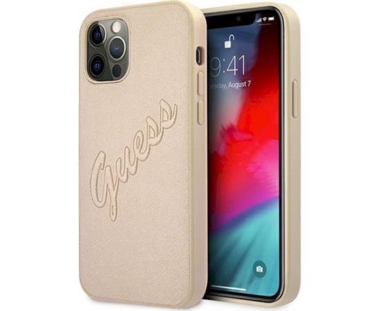 Guess GUHCP12MRSAVSLG Saffiano Vintage Script Aizsargapvalks priekš iPhone 12/12 Pro 6,1" / zelta Neoriģinālie Maciņi