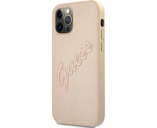 Guess GUHCP12MRSAVSLG Saffiano Vintage Script Aizsargapvalks priekš iPhone 12/12 Pro 6,1" / zelta Neoriģinālie Maciņi