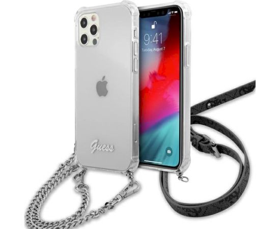 Guess GUHCP12MKC4GSSI Transparent Hardcase 4G Silver Chain Aizsargapvalks priekš iPhone 12/12 Pro 6,1" Neoriģinālie Maciņi