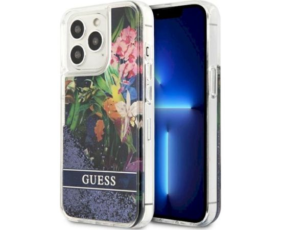 Guess GUHCP13LLFLSB Flower Liquid Glitter Hardcase Aizsargapvalks priekš iPhone 13 Pro / 13 6,1" / zils Neoriģinālie Maciņi