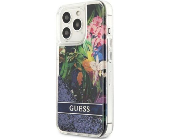Guess GUHCP13LLFLSB Flower Liquid Glitter Hardcase Aizsargapvalks priekš iPhone 13 Pro / 13 6,1" / zils Neoriģinālie Maciņi