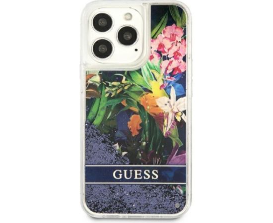 Guess GUHCP13LLFLSB Flower Liquid Glitter Hardcase Aizsargapvalks priekš iPhone 13 Pro / 13 6,1" / zils Neoriģinālie Maciņi