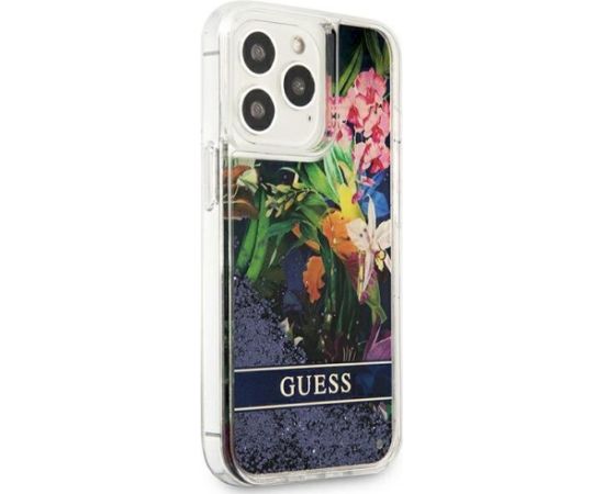 Guess GUHCP13LLFLSB Flower Liquid Glitter Hardcase Aizsargapvalks priekš iPhone 13 Pro / 13 6,1" / zils Neoriģinālie Maciņi