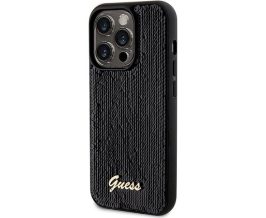 Guess GUHCP13LPSFDGSK Sequin Script Metal Aizsargapvalks priekš iPhone 13 Pro / 13 6.1" / melns Neoriģinālie Maciņi