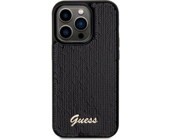 Guess GUHCP13LPSFDGSK Sequin Script Metal Aizsargapvalks priekš iPhone 13 Pro / 13 6.1" / melns Neoriģinālie Maciņi
