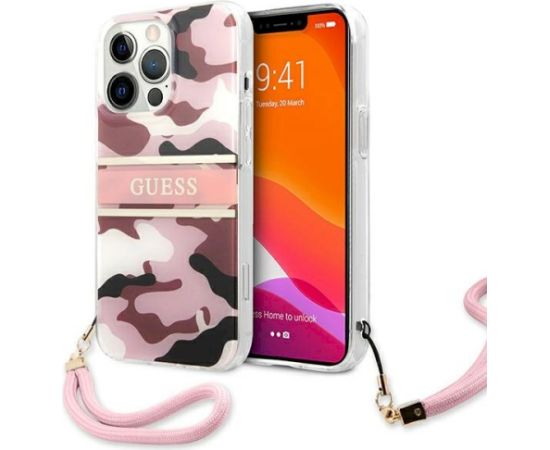 Guess GUHCP13LKCABPI Camo Strap Collection Aizsargapvalks priekš iPhone 13 Pro / 13 6,1" / rozā Neoriģinālie Maciņi
