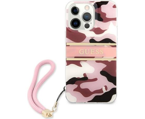 Guess GUHCP13LKCABPI Camo Strap Collection Aizsargapvalks priekš iPhone 13 Pro / 13 6,1" / rozā Neoriģinālie Maciņi