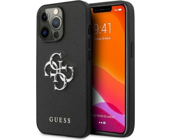 Guess GUHCP13LSA4GSBK Saffiano 4G Metal Logo Aizsargapvalks priekš iPhone 13 Pro/13 6,1" / melns Neoriģinālie Maciņi