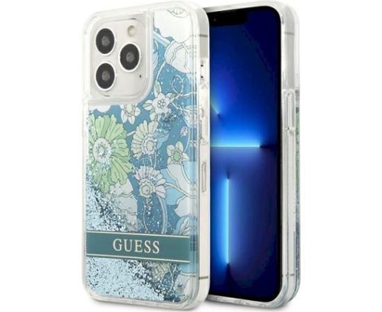 Guess GUHCP13LLFLSN Flower Liquid Glitter Aizsargapvalks priekš iPhone 13 Pro / 13 6,1" / zaļš Neoriģinālie Maciņi