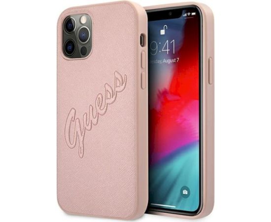 Guess GUHCP12LRSAVSRG Saffiano Vintage Script Aizsargapvalks priekš iPhone 12 Pro Max 6,7" / rozā Neoriģinālie Maciņi