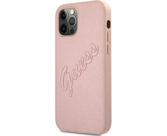 Guess GUHCP12LRSAVSRG Saffiano Vintage Script Aizsargapvalks priekš iPhone 12 Pro Max 6,7" / rozā Neoriģinālie Maciņi
