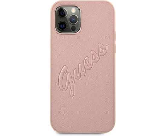 Guess GUHCP12LRSAVSRG Saffiano Vintage Script Aizsargapvalks priekš iPhone 12 Pro Max 6,7" / rozā Neoriģinālie Maciņi