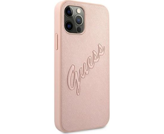 Guess GUHCP12LRSAVSRG Saffiano Vintage Script Aizsargapvalks priekš iPhone 12 Pro Max 6,7" / rozā Neoriģinālie Maciņi
