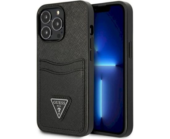 Guess GUHCP13LPSATPK Hardcase Saffiano Triangle Logo Cardslot Aizsargapvalks priekš iPhone 13 Pro / 13 6,1" / melns Neoriģinālie Maciņi