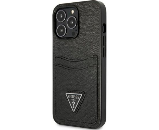 Guess GUHCP13LPSATPK Hardcase Saffiano Triangle Logo Cardslot Aizsargapvalks priekš iPhone 13 Pro / 13 6,1" / melns Neoriģinālie Maciņi