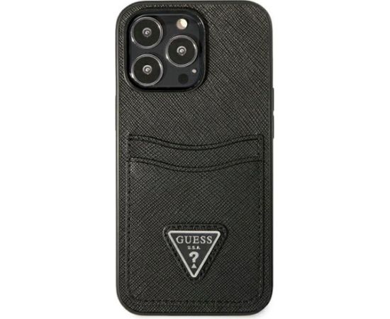 Guess GUHCP13LPSATPK Hardcase Saffiano Triangle Logo Cardslot Aizsargapvalks priekš iPhone 13 Pro / 13 6,1" / melns Neoriģinālie Maciņi