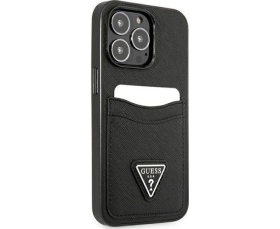 Guess GUHCP13LPSATPK Hardcase Saffiano Triangle Logo Cardslot Aizsargapvalks priekš iPhone 13 Pro / 13 6,1" / melns Neoriģinālie Maciņi