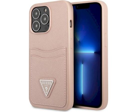Guess GUHCP13LPSATPP Hardcase Saffiano Triangle Logo Cardslot Aizsargapvalks priekš iPhone 13 Pro / 13 6,1" / rozā Neoriģinālie Maciņi