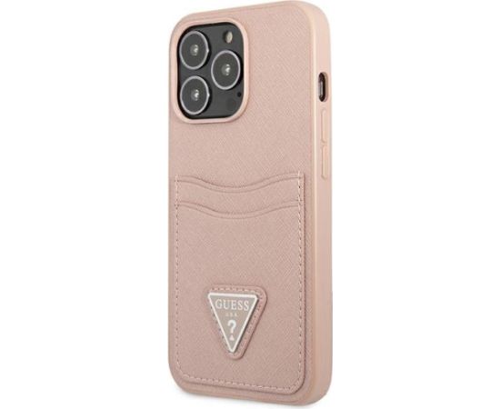Guess GUHCP13LPSATPP Hardcase Saffiano Triangle Logo Cardslot Aizsargapvalks priekš iPhone 13 Pro / 13 6,1" / rozā Neoriģinālie Maciņi