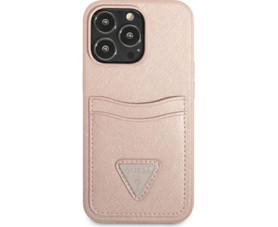Guess GUHCP13LPSATPP Hardcase Saffiano Triangle Logo Cardslot Aizsargapvalks priekš iPhone 13 Pro / 13 6,1" / rozā Neoriģinālie Maciņi