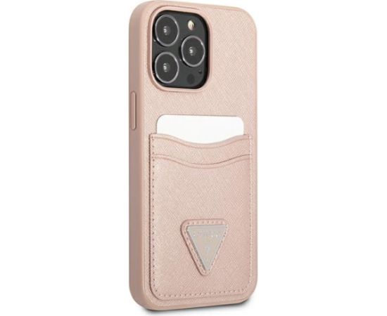 Guess GUHCP13LPSATPP Hardcase Saffiano Triangle Logo Cardslot Aizsargapvalks priekš iPhone 13 Pro / 13 6,1" / rozā Neoriģinālie Maciņi