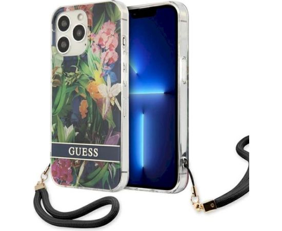 Guess GUHCP13LHFLSB Hardcase Flower Strap Aizsargapvalks priekš iPhone 13 Pro / 13 6,1" / zils Neoriģinālie Maciņi