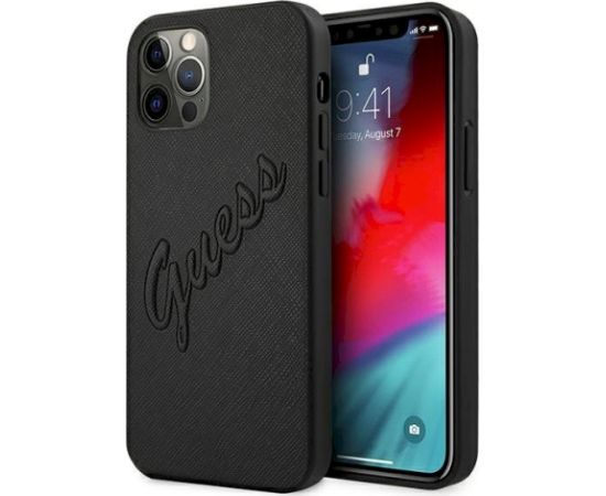 Guess GUHCP12LRSAVSBK Saffiano Vintage Script Aizsargapvalks priekš iPhone 12 Pro Max 6,7" / melns Neoriģinālie Maciņi