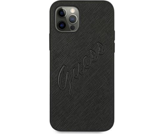 Guess GUHCP12LRSAVSBK Saffiano Vintage Script Aizsargapvalks priekš iPhone 12 Pro Max 6,7" / melns Neoriģinālie Maciņi