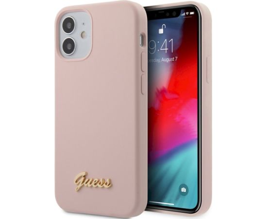 Guess GUHCP12SLSLMGLP Silicone Script Gold Logo Aizsargapvalks priekš iPhone 12 mini 5,4" / gaiši rozā Neoriģinālie Maciņi