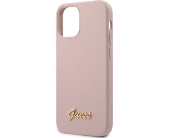 Guess GUHCP12SLSLMGLP Silicone Script Gold Logo Aizsargapvalks priekš iPhone 12 mini 5,4" / gaiši rozā Neoriģinālie Maciņi