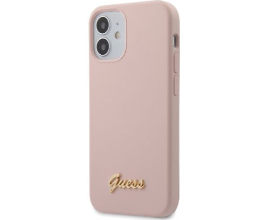 Guess GUHCP12SLSLMGLP Silicone Script Gold Logo Aizsargapvalks priekš iPhone 12 mini 5,4" / gaiši rozā Neoriģinālie Maciņi