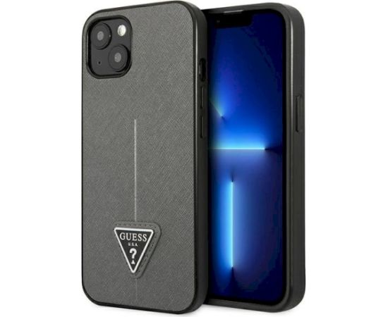 Guess GUHCP14MPSATLG Saffiano Triangle Logo Aizsargapvalks priekš iPhone 14 Plus/15 Plus 6.7" / sudraba Neoriģinālie Maciņi