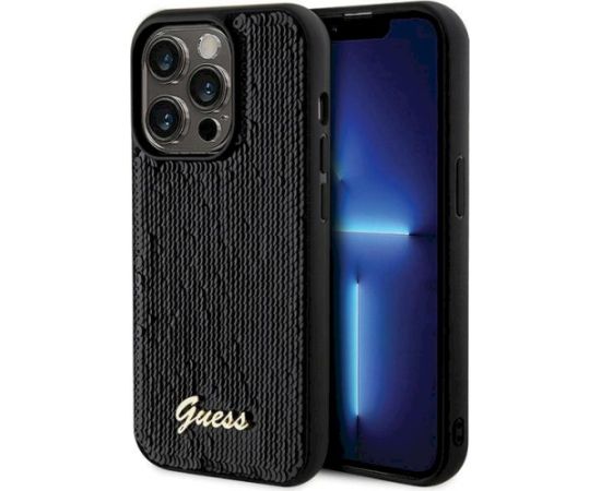 Guess GUHCP13XPSFDGSK Sequin Script Metal Aizsargapvalks priekš iPhone 13 Pro Max 6.7" / melns Neoriģinālie Maciņi