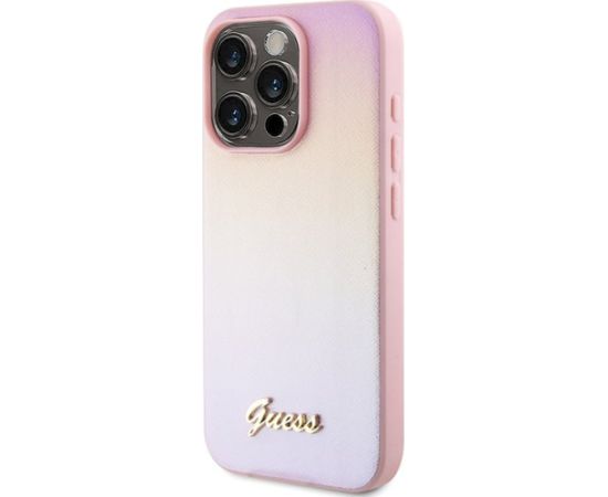 Guess GUHCP14LPSAIRSP Saffiano Iridescent Script Aizsargapvalks priekš iPhone 14 Pro 6.1" / rozā Neoriģinālie Maciņi