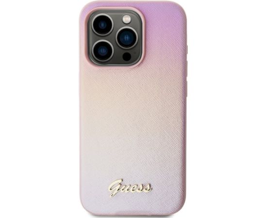 Guess GUHCP14LPSAIRSP Saffiano Iridescent Script Aizsargapvalks priekš iPhone 14 Pro 6.1" / rozā Neoriģinālie Maciņi
