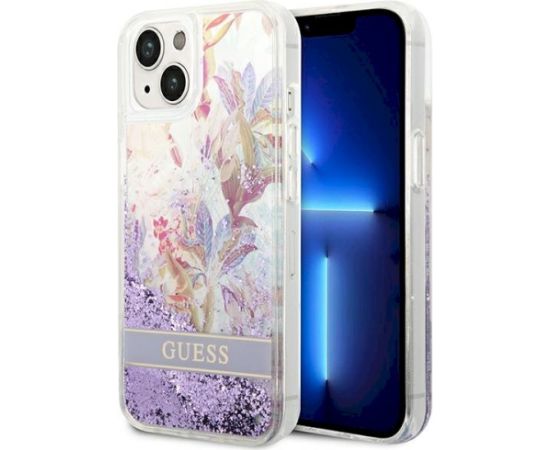 Guess GUHCP14MLFLSU Flower Liquid Glitter Aizsargapvalks priekš iPhone 14 Plus / 15 Plus 6.7" / violets Neoriģinālie Maciņi
