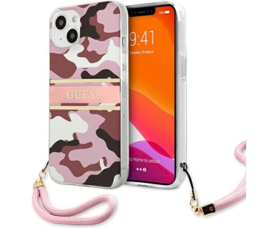 Guess GUHCP13MKCABPI Camo Strap Collection Aizsargapvalks priekš iPhone 13 / 14 / 15 6,1" / rozā Neoriģinālie Maciņi