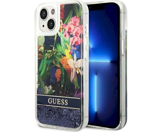 Guess GUHCP14MLFLSB Flower Liquid Glitter Hardcase Aizsargapvalks priekš iPhone 14 Plus/15 Plus 6.7" / zils Neoriģinālie Maciņi